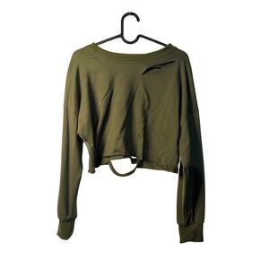 Choles Sweatshirt Olive Green Distressed Cutout Raw Hem Cropped Top Womens Small
